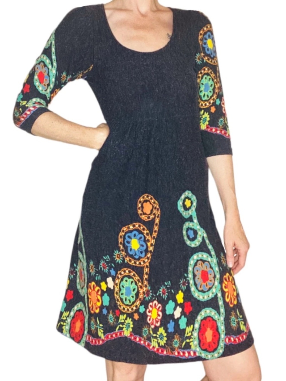 Reborn XL Blue Boho Floral Midi Dress Artsy Colorful Stretch Knit Long Sleeve